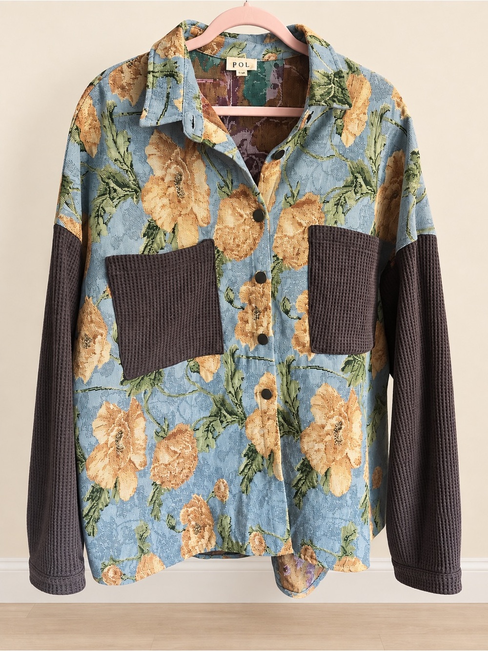 POL Floral Tapestry Waffle Knit Mixed Media Shacket Jacket Blue Size L